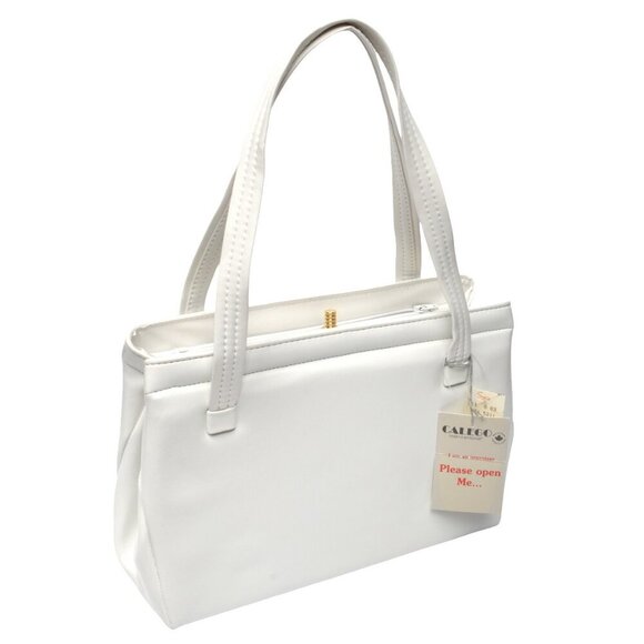 Vintage CALEGO Vegan Faux Leather Handbag 1970s Purse White Gold Simpsons Store - Picture 3 of 11